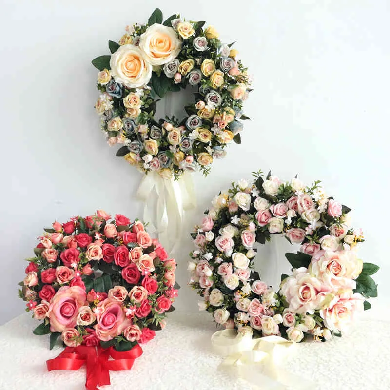 JAROWN Artificial Door Knocker Simulation Silk Rose Flowers Wreath Foam Straw Garland Wedding Decoration Home Party Decor Flores