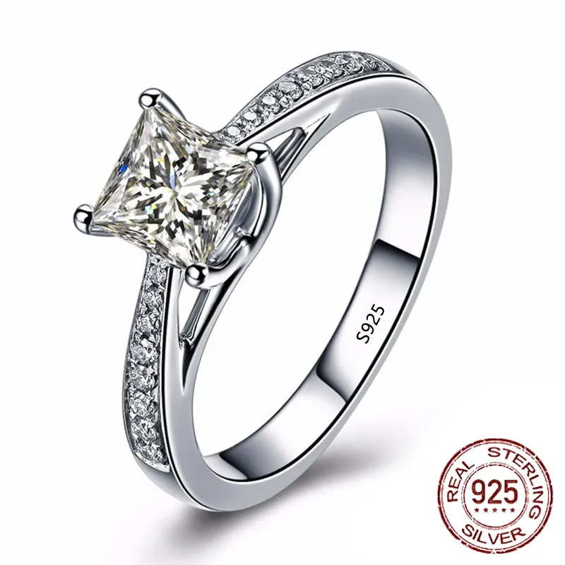 Exquisiter Princess-Schliff-Zirkonia-Diamant-Ehering für Damen, 925er Sterlingsilber, Geschenke, Schmuck für Damen, J-027