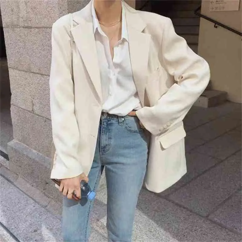 creamy white blazer for women Spring Autumn single-breasted jackets ladies formal suit 210603