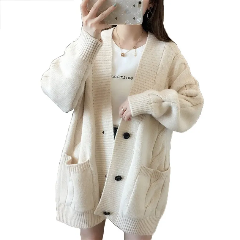 Topy Cardigan Sweter Dzianiny Kobiety 19 Jesień Zima Beżowy Żółty Koreański V Neck Długi rękaw Loose Moda LR565 210531