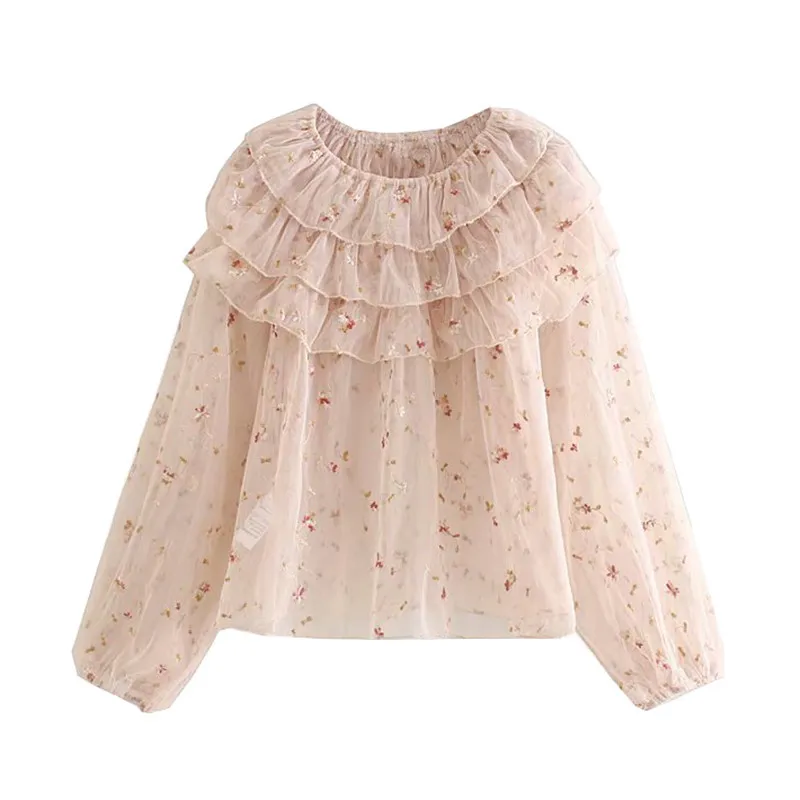 Höst Sweet Floral Embrodery Ruffles Toppar Kvinnor Blusar Långärmad SEV Genom Sexiga Skjortor Blusas Mujer 6 Färg 210430