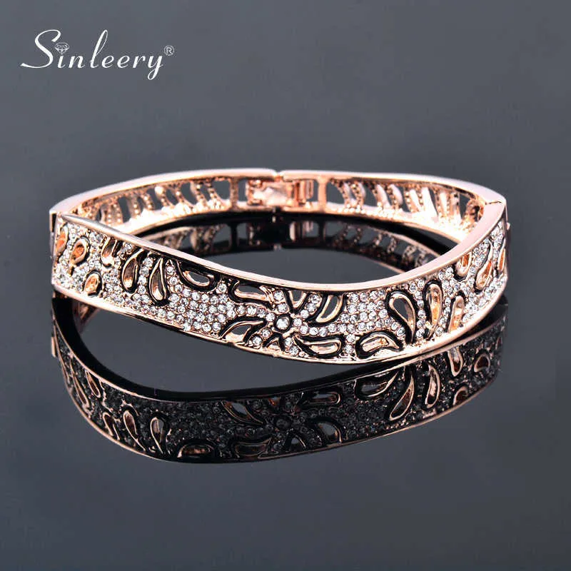 Sinleery Luxury Hollow Flower Bangles For Women Rose Gold Silver Color Crystal Armband Bästa Vänner Gåvor SL092 SSK Q0719