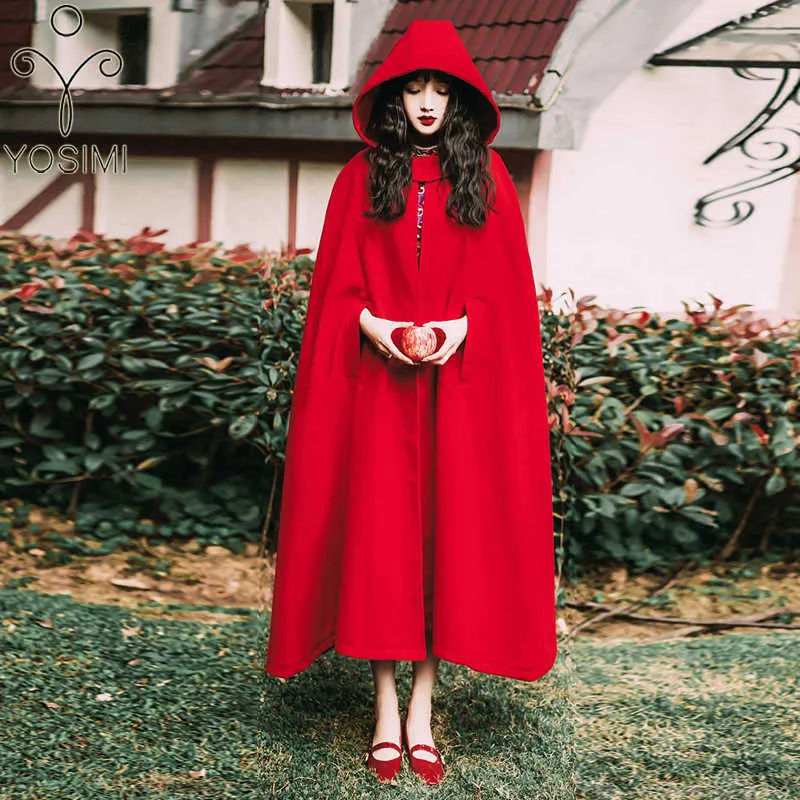 Vårkvinnor Ärmlös Woolen Red Cloak Long Coat Loose Ponchos Bat Sleeve Med Hooded Gothic Cardigan 210604