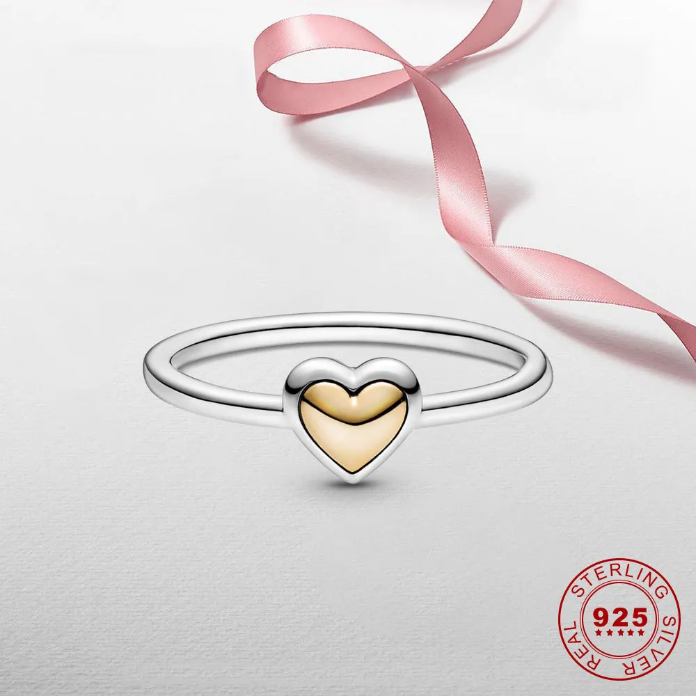 925 Sterling Silver Biocolor Domed Golden Heart s for Women Statement Wedding Band Jewelry Finger Ring Bague