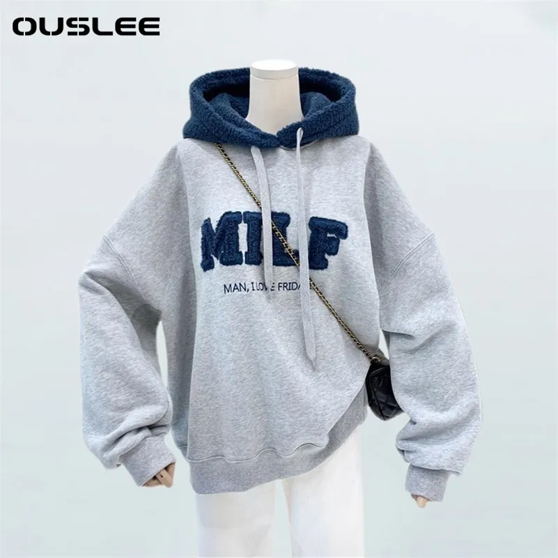 Ouslee Fashion Sweatshirt Kvinnor Oversize Winter Casual Loose Cotton Patchwork Letters Långärmad Hoodies Kvinna Streetwear 211019