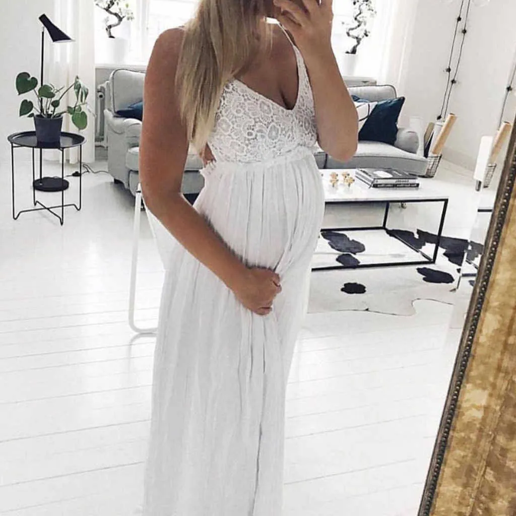 Summer Boho Women Maternity Photography Prop Dress Sexy Sling White Lace Prom Gown Beach Clothes For Pregnant Women Dress Q0713