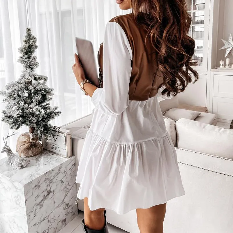 Womens Faux Leather Patchwork White A-Line Mini Dress with Long Sleeve and  Notched Neckline for Spring/Autumn from Dhgate Basic & Casual Dresses -  price 33.76