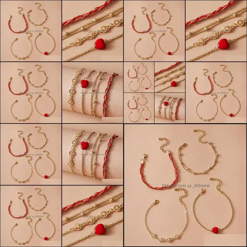 Charm Bracelets HuaTang 4pcs/set Boho Red Love Heart Charms Bracelet Set For Women Multilayer Adjustable Braided Rope Chains Female
