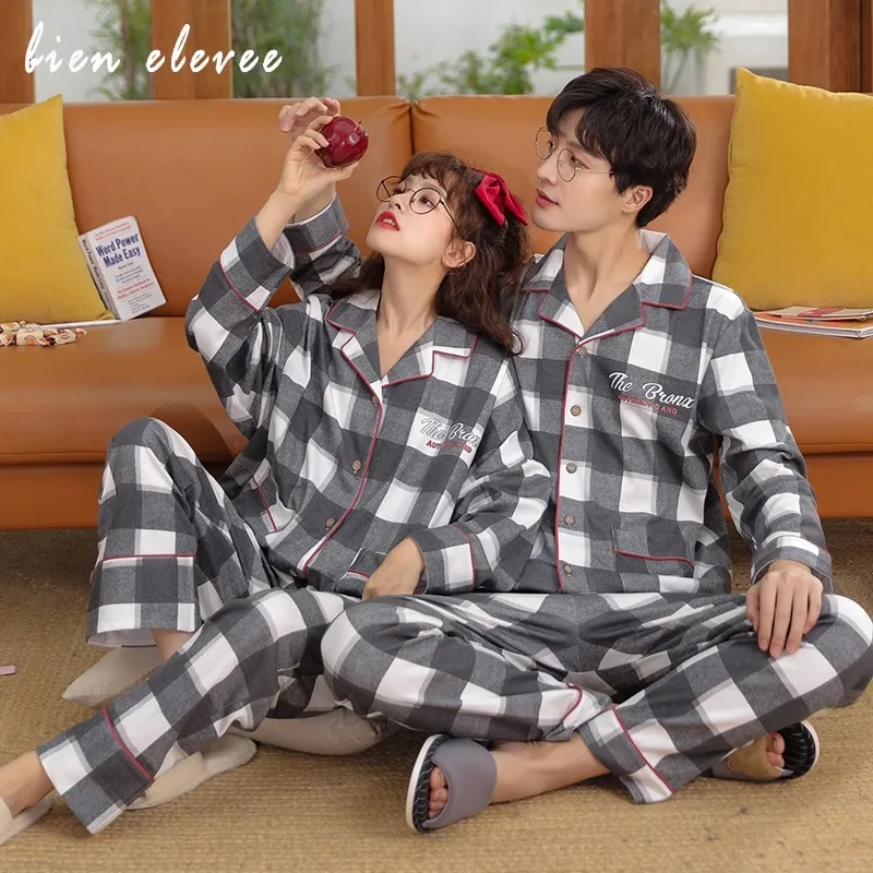 Par pyjamas set plaid sleepwear höst vinter bomull pyjamas kostym kvinnor män långärmad pijama älskare natt slitage knapp 210320