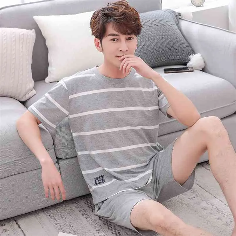 Summer Casual Striped Cotton Short Sleeve Pajamas Sets for Men Sleepwear Male Homewear Lounge wear Night Suit Home Clothes 210901