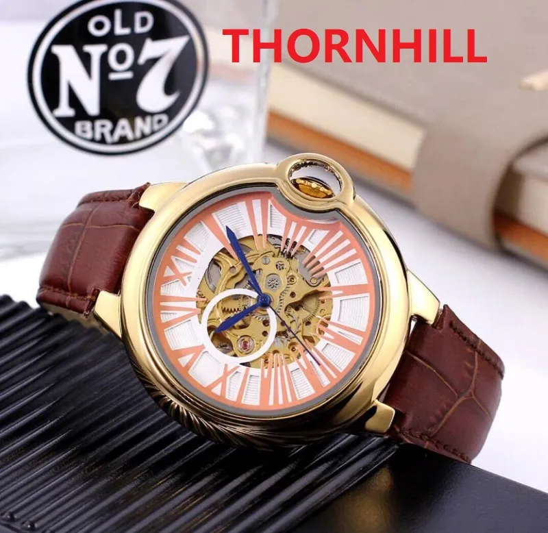 Schwarzbraun Echtes Leder Skeleton Dial Designer Watch Männer Alle Unterwählscheiben Arbeitsbewegung Mondphase TagDate Mechanische Automatische Uhren Relogio Masculino Uhr