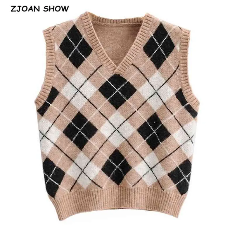 Preppy Style Khaki Argyle Plaid Knitting Sweater Vest Women 90's Vintage Korean Clothing V Neck Ärmlös Jumpers Y2K Knitwear 210429