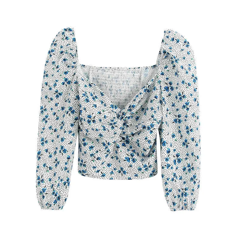 Élégant doux imprimé floral chemisiers chemisiers chemises femmes trois quarts manches dos stretch femme blusa dessus de chemise 210430