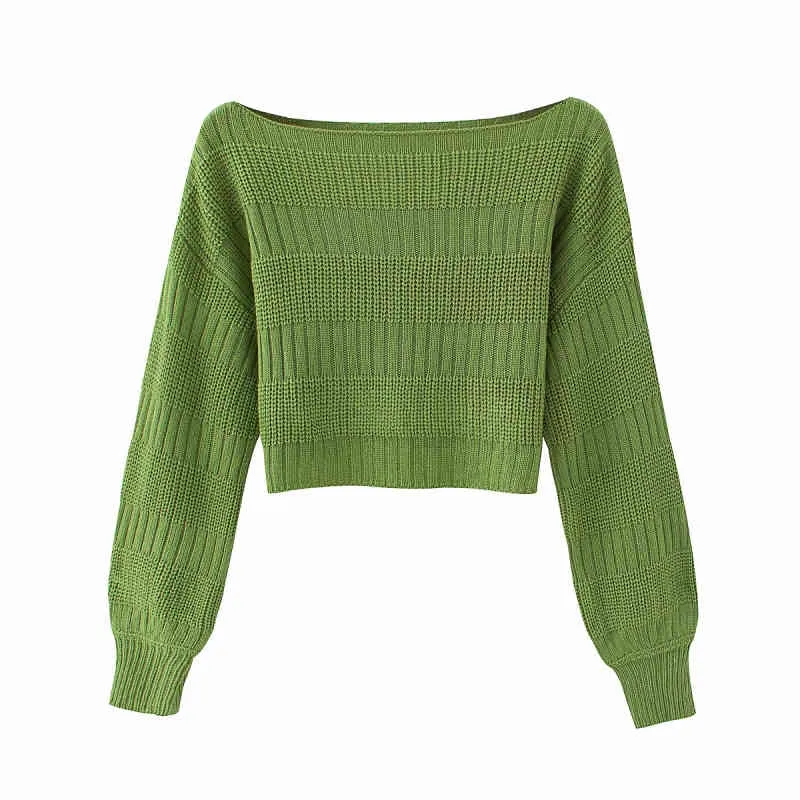 Maglione corto da donna casual verde con spalle scoperte Moda Ladie Autunno morbido Top a maniche lunghe Maglioni lavorati a maglia chic femminili 210515