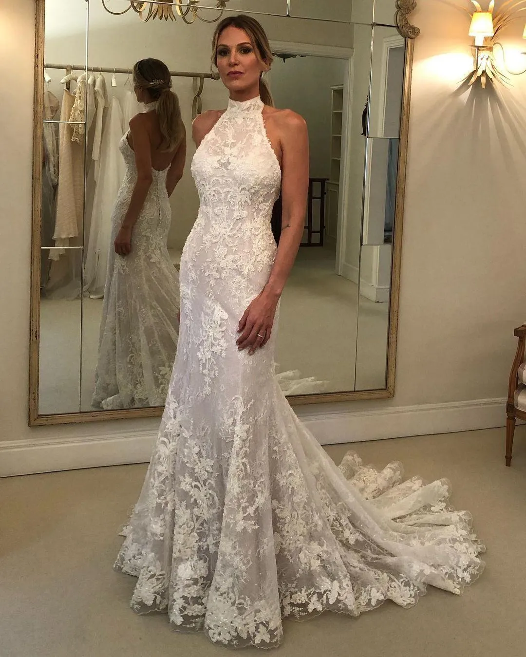 Halter Wedding Stella York High Neck Wedding Dress Mermaid Fitted  Sleeveless Mockneck Wedding Dress With Open