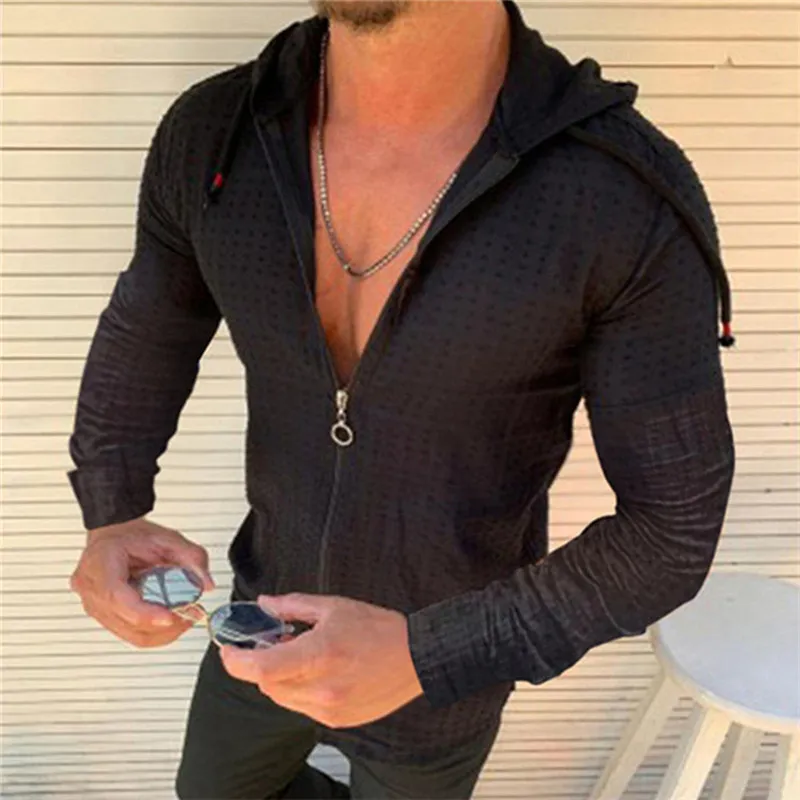 Men'thin Hoodies Esporte Correndo Treinando Suéter Sexy Magro Moda Zipper Cardigan Macho Longa Manga Curta Pura Roupas Y0319