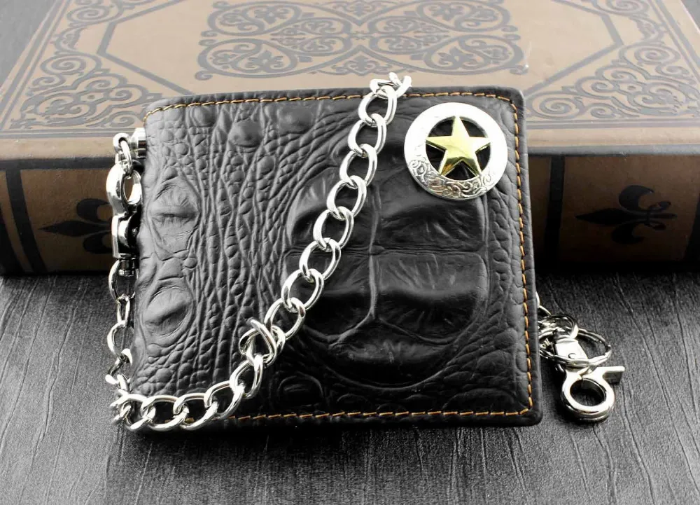 Portafoglio a catena in pelle Aligator Skin Style con Star Concho Mens Biker Money Clip