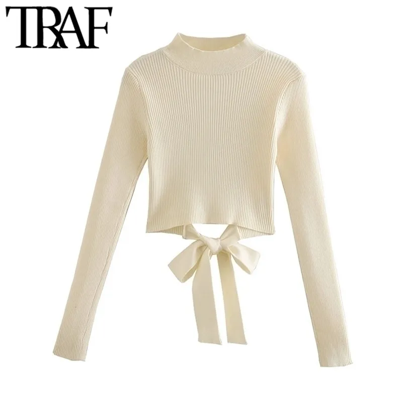 TRAF Femmes Mode avec Bow Tie Cropped Pull tricoté Vintage Manches longues Dos nu Femme Pulls Chic Tops 211103