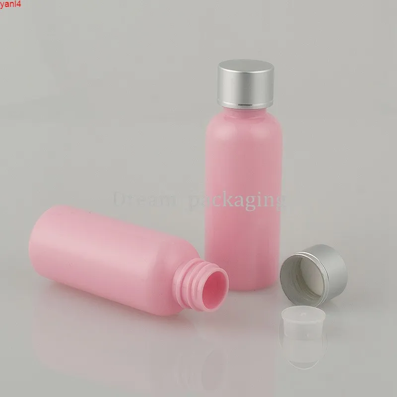 50 Pcs/Lot 50 ml bouteille d'huile essentielle en plastique rose avec bouchon à vis en aluminium argent mat. Toner Cosmétique Containergoods