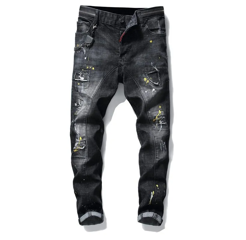 Un insigne d'hommes déchire les jeans noirs étendus pour hommes slim fit slim slim washed pantalon pantalon hip hop lambrissé 10200