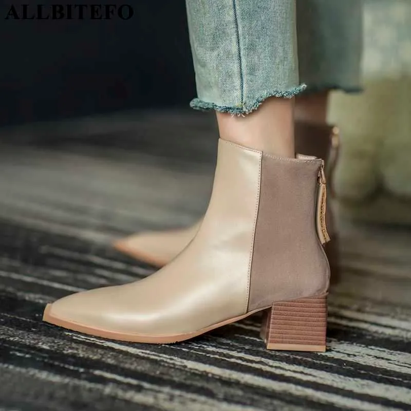 ALLBITEFO natural sheepskin + genuine leather women boots fashion winter autumn motocycle boots ankle boots high heel shoes 210611