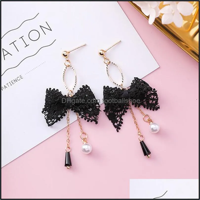 Dangle & Chandelier Personality Fashion Sweet Girl Heart Lace Bow Earrings Pearl Tassel Pendant Female Accessories Wild Crystal Simple