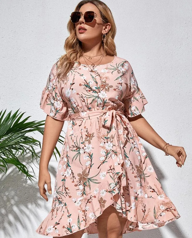 Striped stitching plus size floral dress