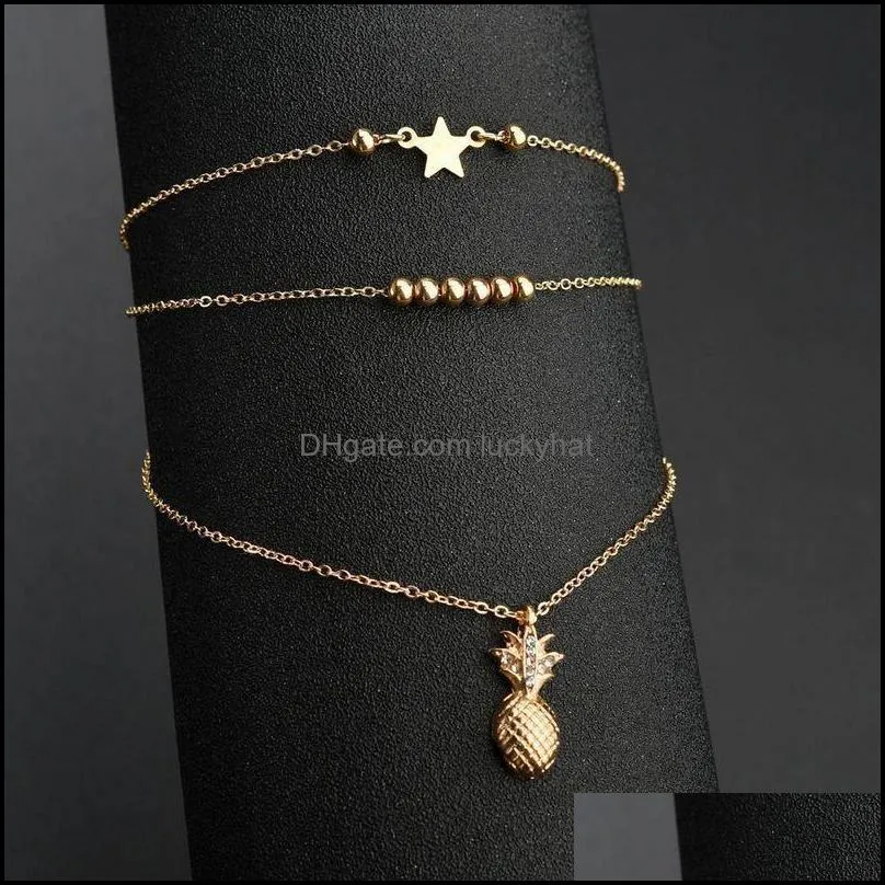 Wholesale Pineapple Pendant Anklets Pave Bling Rhinestone 3 Layers Summer Beach Sandals Foot Jewelry For Women