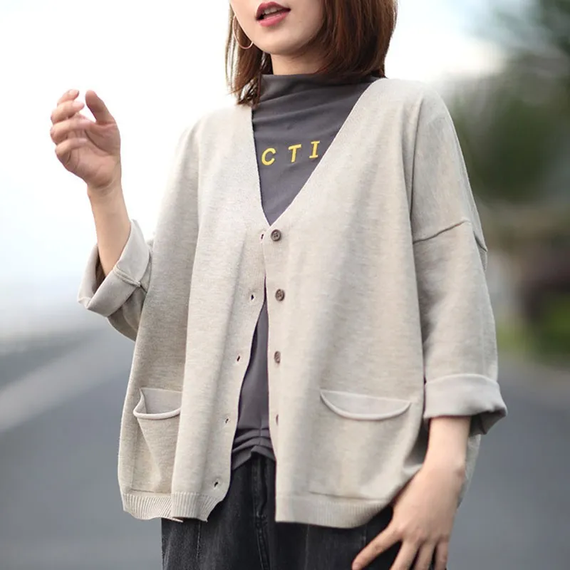 Johnature coreano casual simples bolsos de decote em v único breasted manga comprida cardigan camisola outono mulheres 4 cores suéter 210521