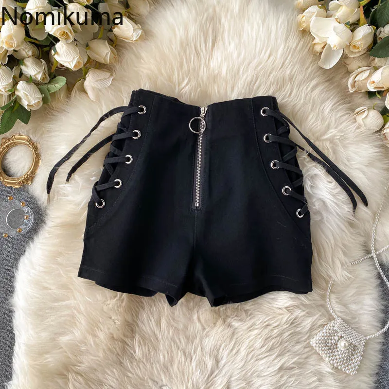 Nomikuma Koreaanse Kruis Bandage Dames Jeans Shorts Rits Hoge Taille Nieuwe Wide Been Demin Short Causal Fashion Bottoms 6D618 210427