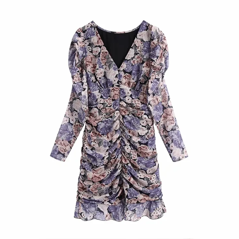 Women Summer Chiffon Pleated Mini Dresses Long Sleeve Floral Print Slim V-Neck Female Elegant Vintage Clothes Vestidos 210513