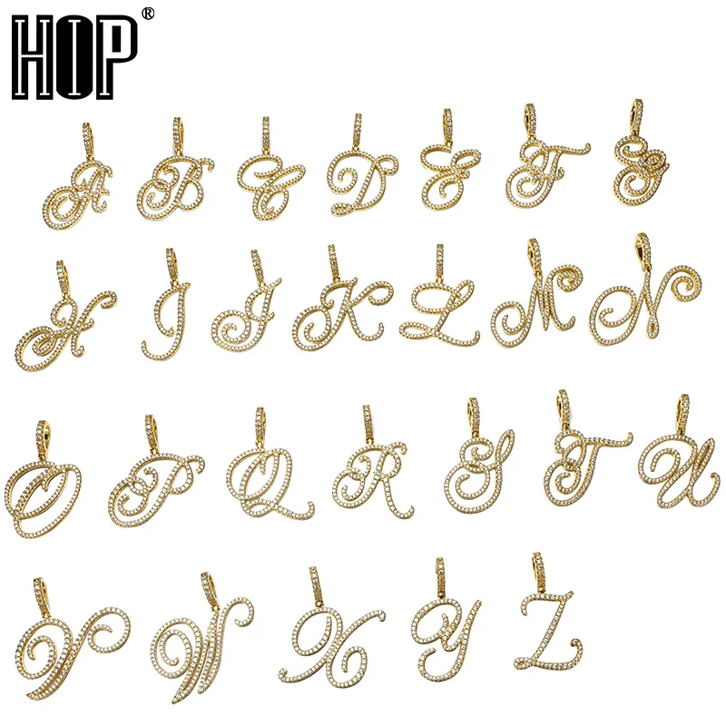 Mode singel kursiva bokstäver A-Z halsbandspendera alfabetet iced out cubic zircon män kvinnor hip hop rock charm smycken