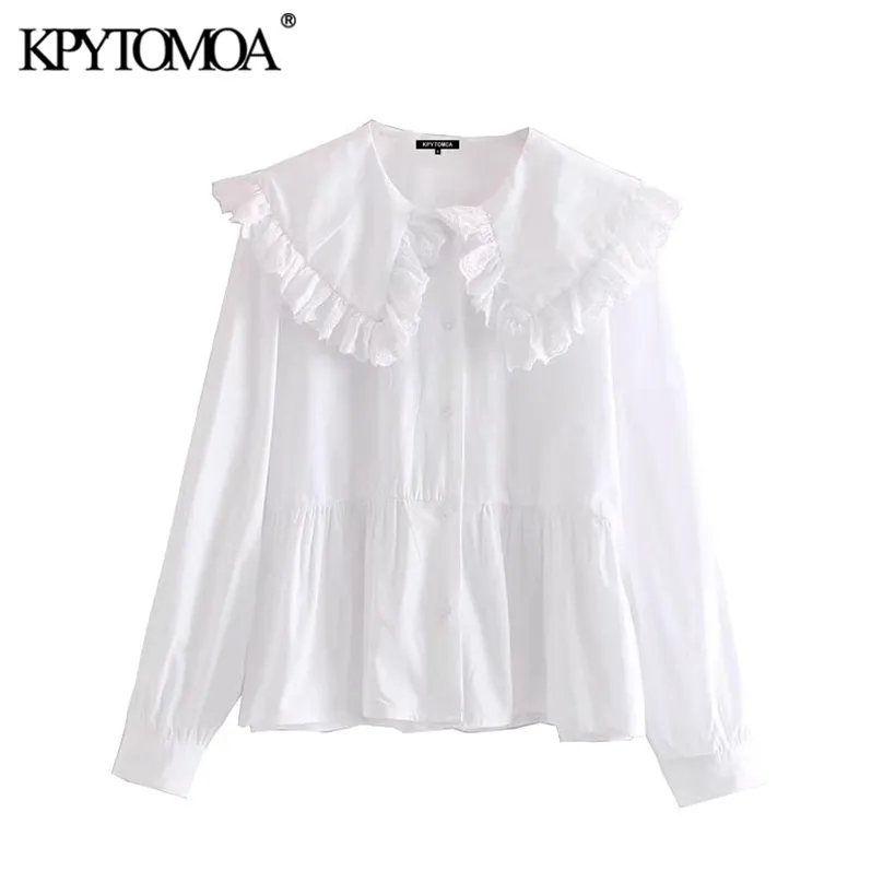 KPYTOMOA KVINNOR Söt mode med Peter Pan Collar Ruffled Blouses Vintage Långärmad Button-Up Kvinnor Chic Toppar 210719