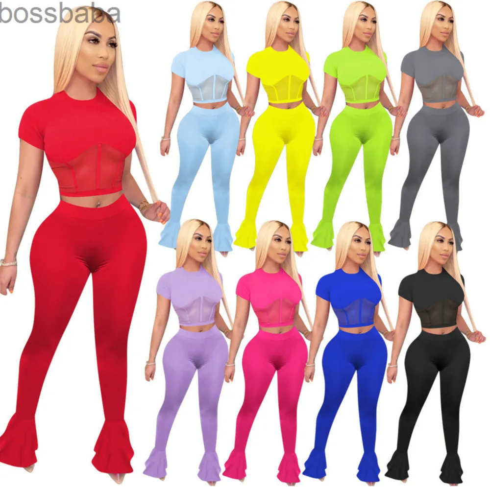 Frauen Trainingsanzüge Zweiteiliges Set Flare Hosen Sexy Mesh Outfits Sommer Neue Stil Damen Enge Hosen Gefaltete Lange Leggings S-2XL 8559