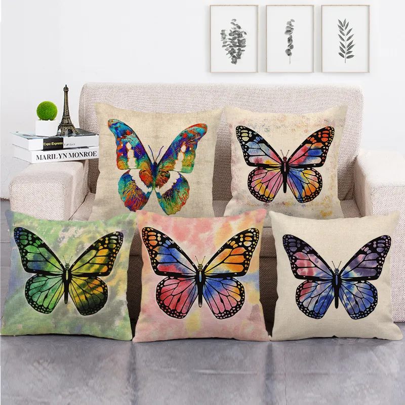 Mooie Vlinder Gedrukt Kussenhoezen Home Decoratieve Kussens Gevallen 45x45cm Linnen Zitje Terug Beddengoed Decor Butterfly Kussensloop T500833