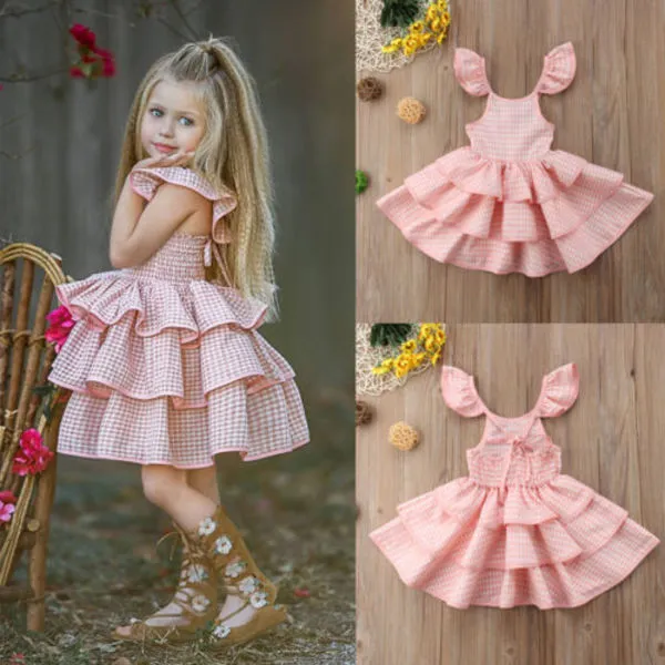 Güzel Toddler Bebek Kız Prenses Elbise Ekose Baskı Ruffled Sundress Parti Pageant Tutu Giysi Kolsuz Yüksek Kalite Elbise Q0716