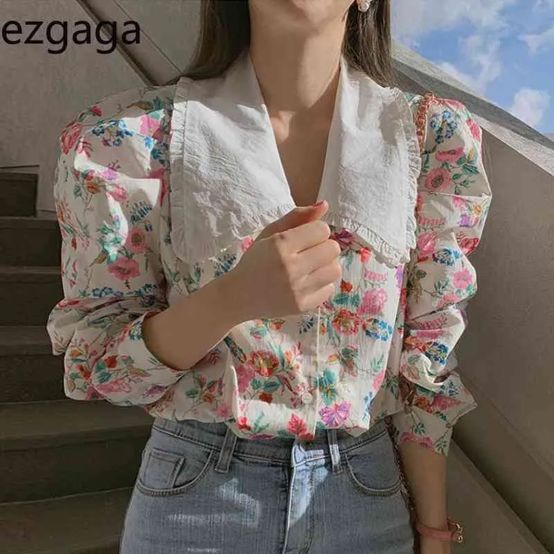 Ezgaga Chic Chic сладкие женские блузки весенние цветочные напечатанные красочные женские рубашки Питер Pan Wollection Свободные Все-матча элегантные вершины 210430