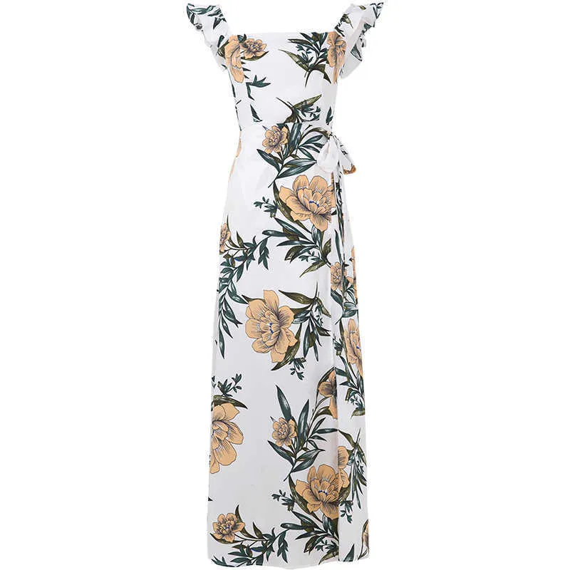 Misschien u witte print floral bloem sjerp ruche riem mouwloze backless holle split maxi lange jurk zomer strand D0375 210529