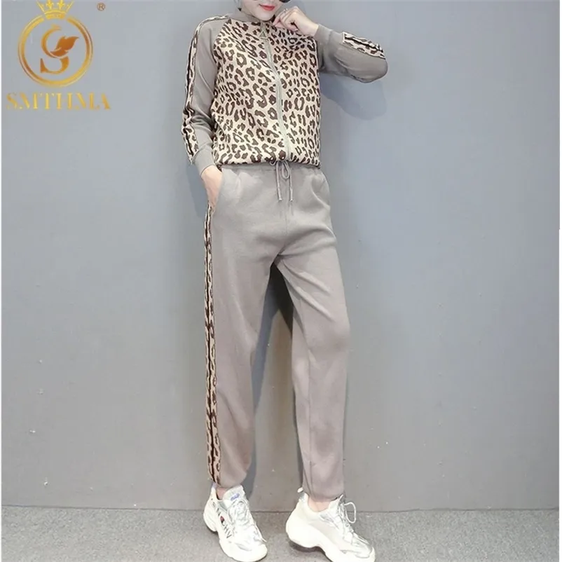 Inverno Leopardo Impressão Zíper Cardigans Cardigans + Pencil Calças Moda Fashion Sport Tracksuits Jaqueta Slim Dois peças Sets 210520