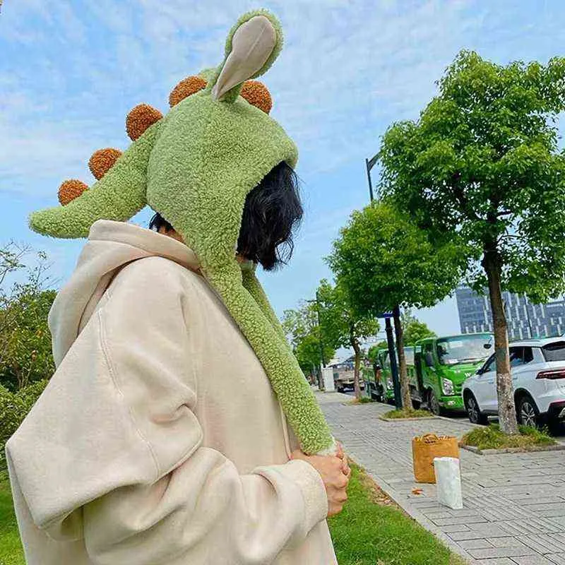 2021 Cute Funny Little Dinosaur Hat Female Autumn and Winter Plus Velvet Warmth Will Move Ears Headdress Lovers Warm Hat Y21111