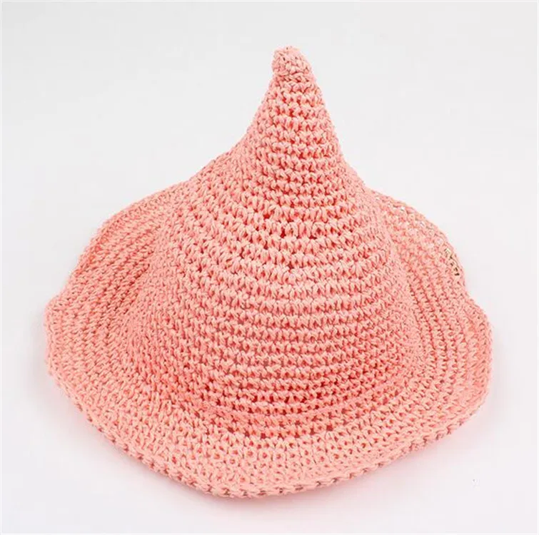 Girls Large Straw Hat Children's Sun Hat Spring Baby Hand-woven Fashion Witch Spiky Hatl40