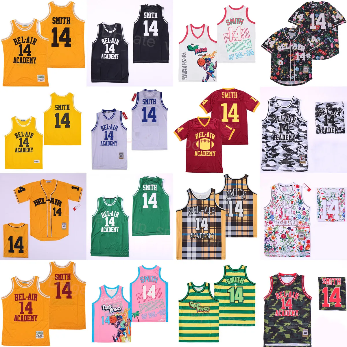 Movie Film Basketball The Fresh Prince Jersey 14 Will Smith Jeff OF BEL-AIR GRAFFITI ANNIVERSARY BELAIR Black White Yellow Red Green Pink Color All Stitching High