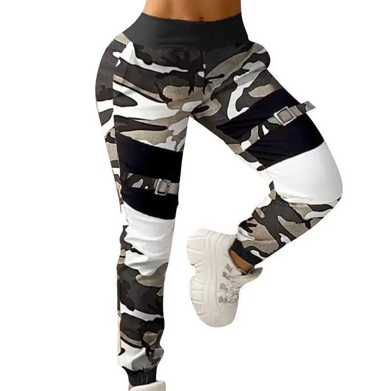 Femmes Mode Casual Automne Boucle Zipper Design Colorblock Casual Cargo Pantalon Camouflage Imprimer Sporty Jogger Bottoms Pantalon 210709