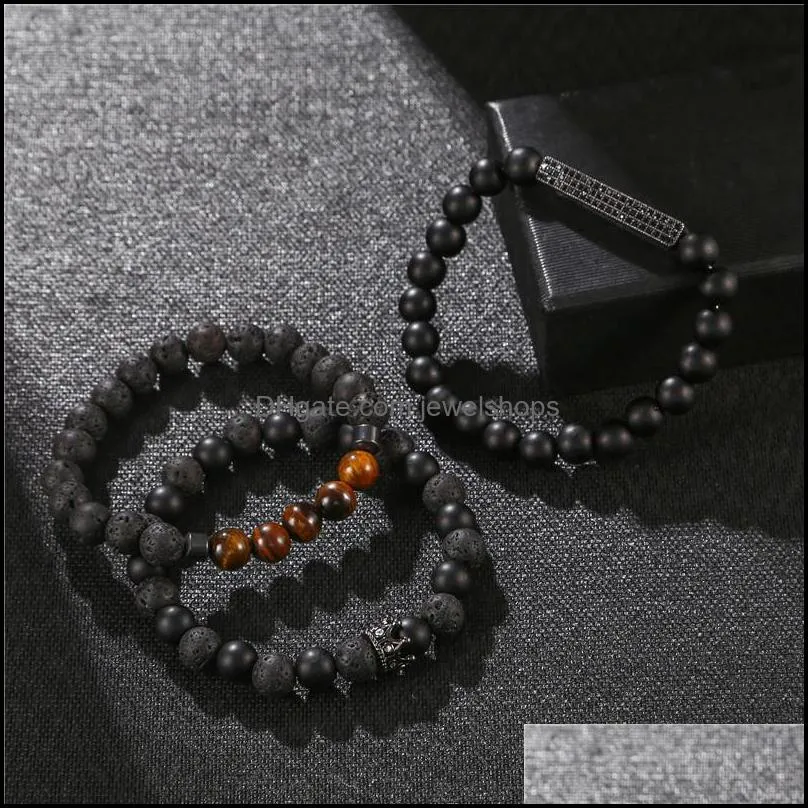 3pcs/Set Crown Bracelet Black Matte Onyx Stone Beads Braclets Heren Armband Bileklik Erkek Handmade Jewellery Men Accessories