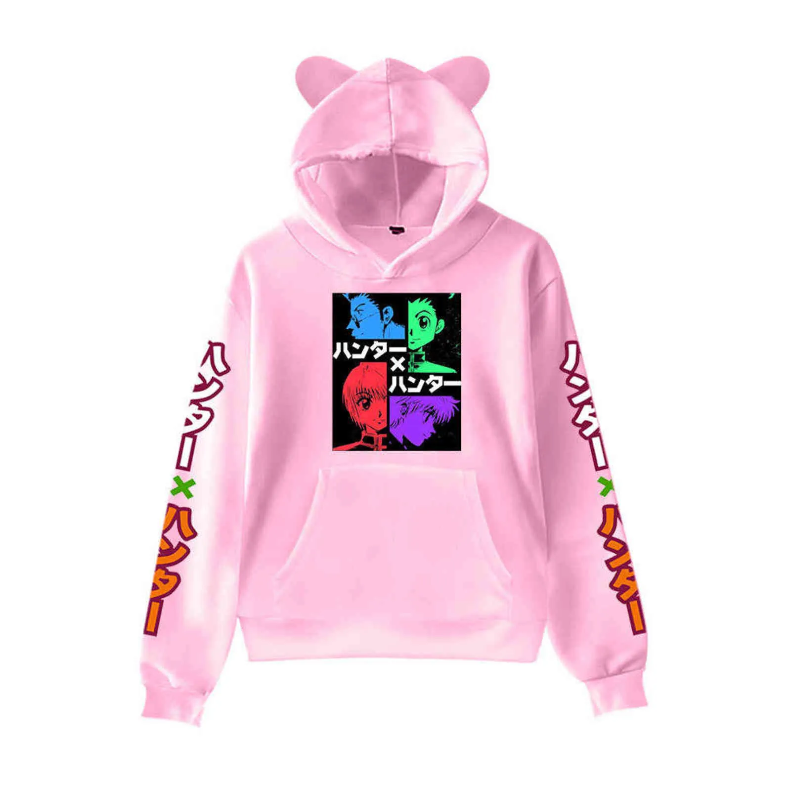 Popular Anime Hunter X Hunter Hoodie Sweatshirt Kawaii Cat Ears Hoodies Cartoon Streetwear Pink Pullovers Y1109