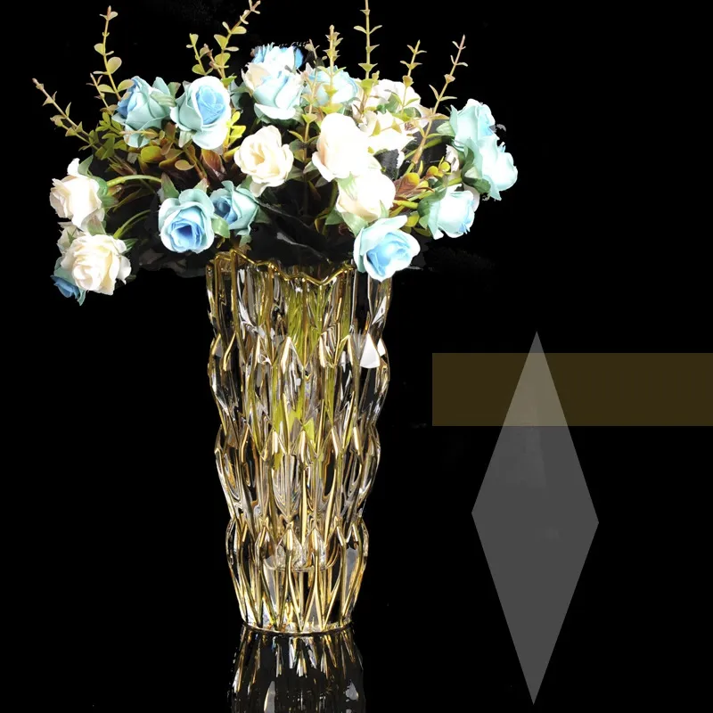 Guldmålade kristallglas blomma vas lyx amerikansk kreativ modern hem vardagsrum hotell 3d dekoration ornament stor vas