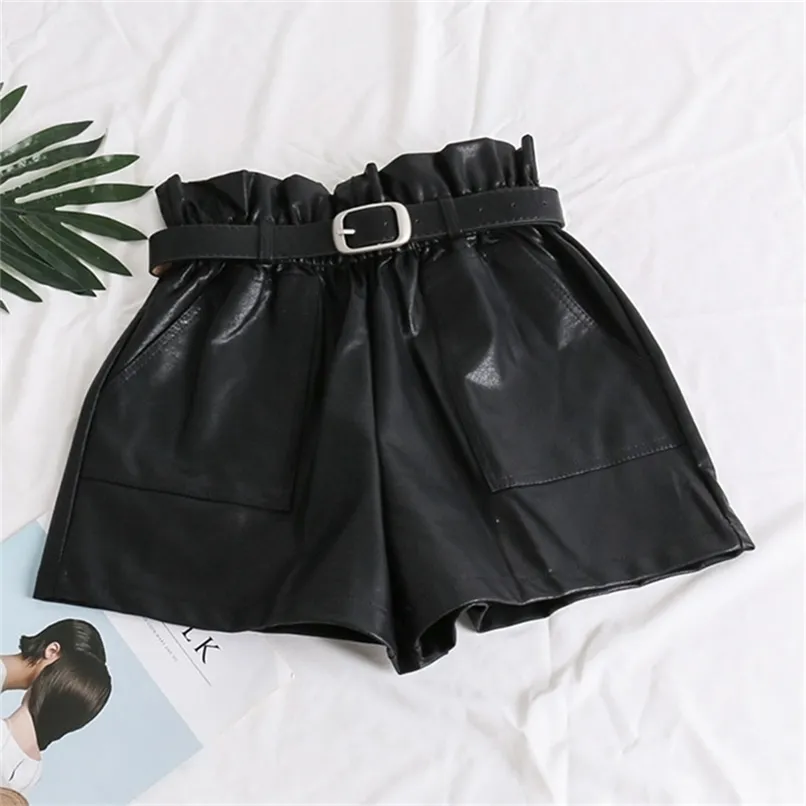 Elastische hoge taille losse PU lederen shorts vrouwen Engeland stijl sjerpen wijd been korte dames sexy herfst winter 210714