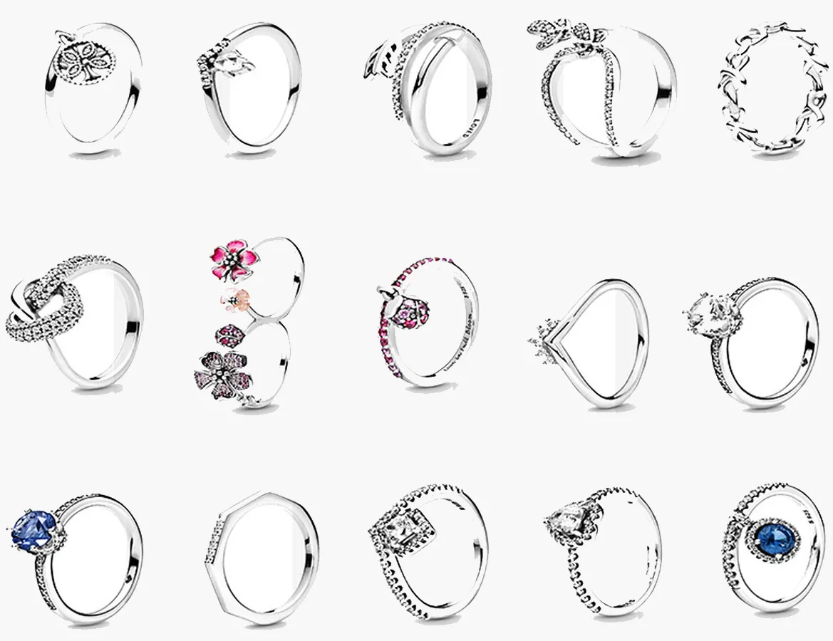 Damskie 925 Sterling Silver Obrączki Sześcienne Cyrkoniane Diamenty do Pandora Styl Heart Love Simple Fashion Para Para Pędy Prezent z oryginalnym pudełkiem