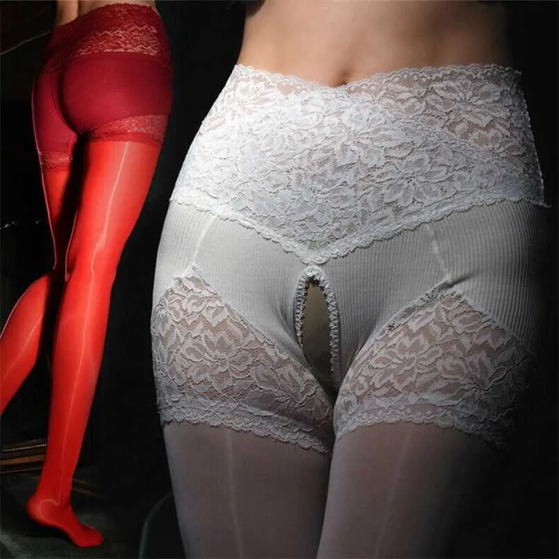 Metelam Lace Open Crotch Panties Shiny Glossy Sheer Garter Tights