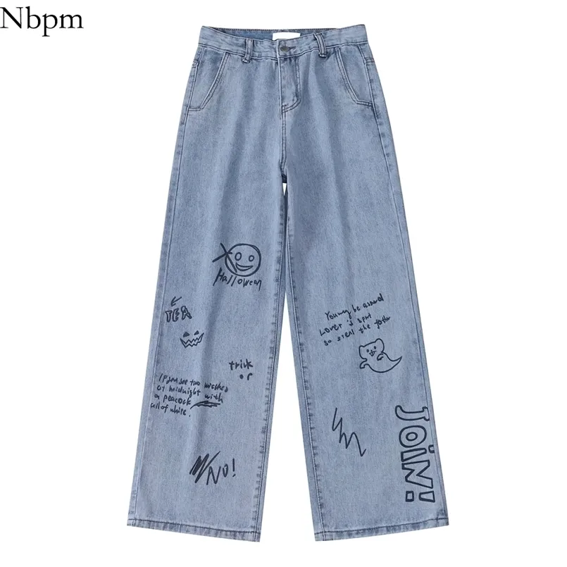 Nm fashion borduurwerk cartoon graffiti vrouwen schattige jeans wijde been vrouw hoge taille baggy streetwear broek broek 210809